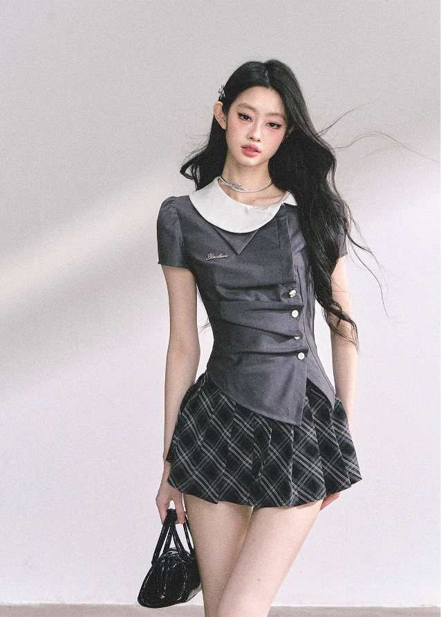 korean school girl outfit, two piece set women, y2k mini skirt set, seoul street fashion, preppy aesthetic outfit, short sleeve suit top, hot girl style clothing, korean fashion 2025, pleated mini skirt set, chic uniform look, korean preppy outfit, trendy korean set, summer matching outfit women, elegant french korean fashion