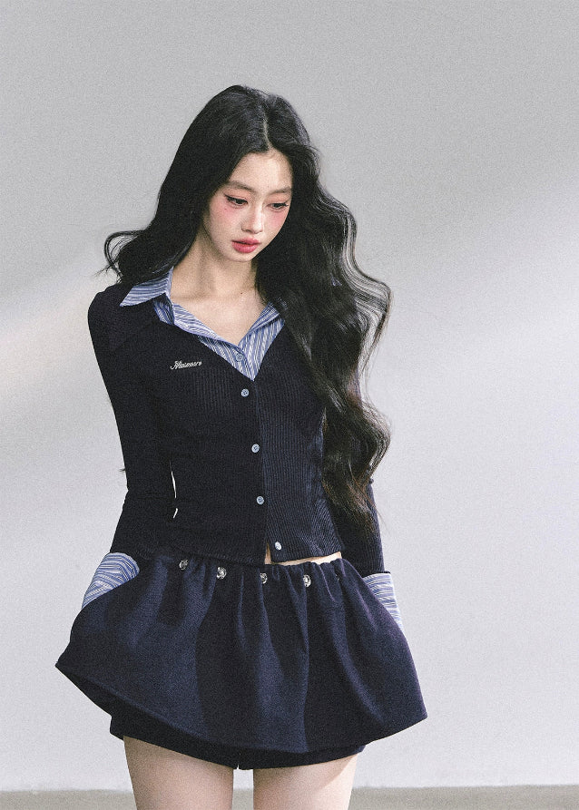 korean two tone knit top, fake two piece long sleeve top women, striped collar slim fit shirt, korean preppy fashion top, hot girl autumn outfit, seoul fashion knitwear, korean streetwear blouse, elegant korean knit top, office chic korean outfit, fall fashion women tops, french korean aesthetic outfit, preppy collar knit shirt, modern kfashion top women, slim waist knit top, korean girl fashion autumn