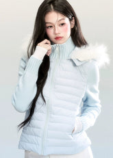 Fragileheart down jacket, fur collar puffer, luxury Korean fashion, winter short coat, quiet luxury outerwear, pastel blue jacket, hooded down coat, K-fashion 2025, elegant winter outfit, soft feminine outerwear, pastel noir aesthetic, warm winter style, sky blue puffer, modern luxury womenswear