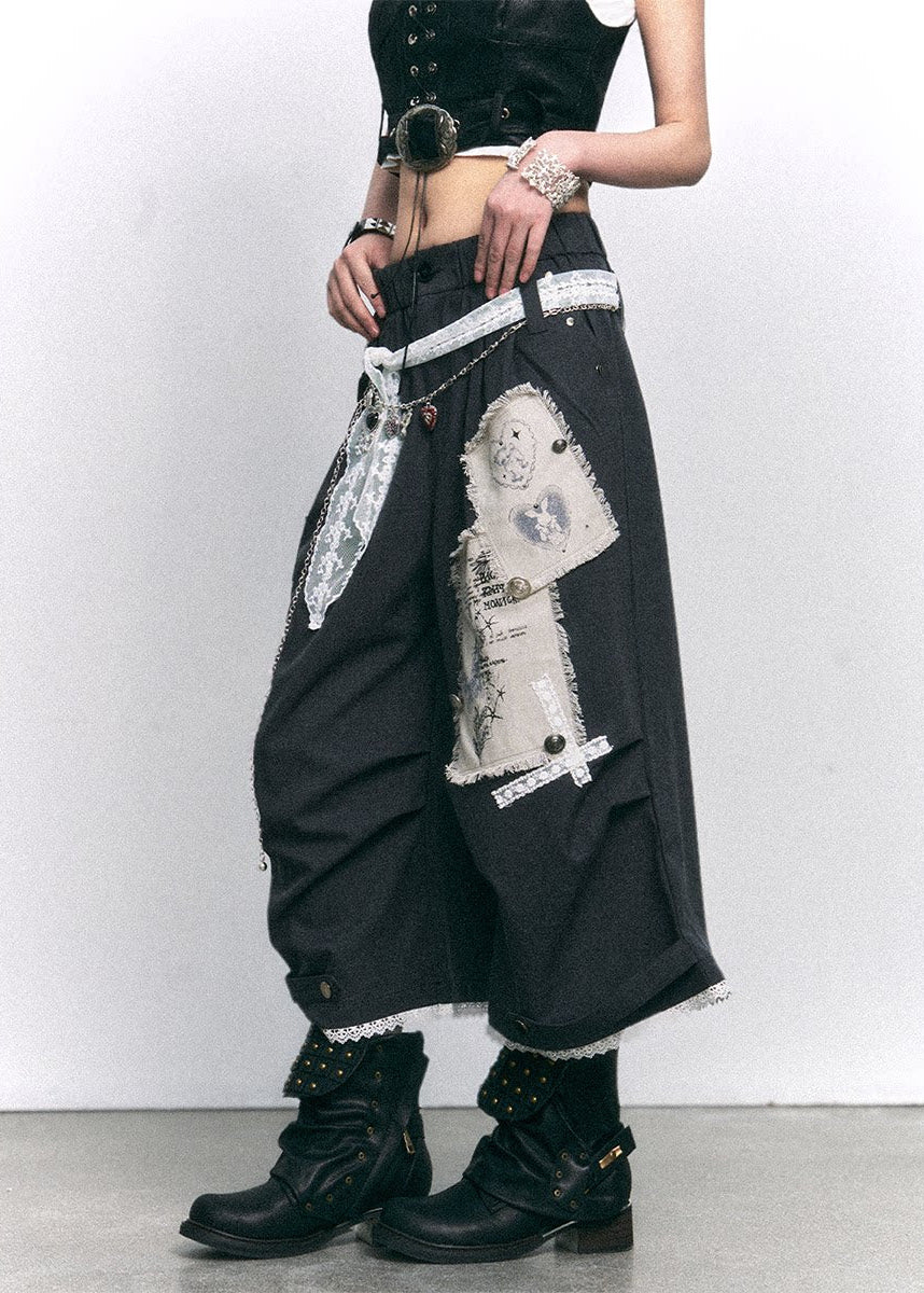 wide leg cropped pants women, patchwork pants women, distressed trousers women, grunge outfit women, edgy outfit women, street style pants, punk style clothing, y2k edgy outfit, alternative fashion women, deconstructed pants, raw edge trousers, urban streetwear women, lace panel pants, statement pants women, loose fit trousers women, rebellious fashion outfit, underground fashion women, utility style pants, mixed fabric pants, edgy streetwear women