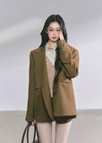 korean blazer shorts set, french british suit set women, autumn two piece blazer set, korean streetwear suit outfit, chic brown suit women, office style korean fashion, pleated culotte suit set, hepburn style blazer outfit, elegant two piece set women, seoul fashion brown suit, vintage french blazer look, korean professional outfit women, brown jacket mini skirt set, modern chic korean suit, high end autumn fashion set