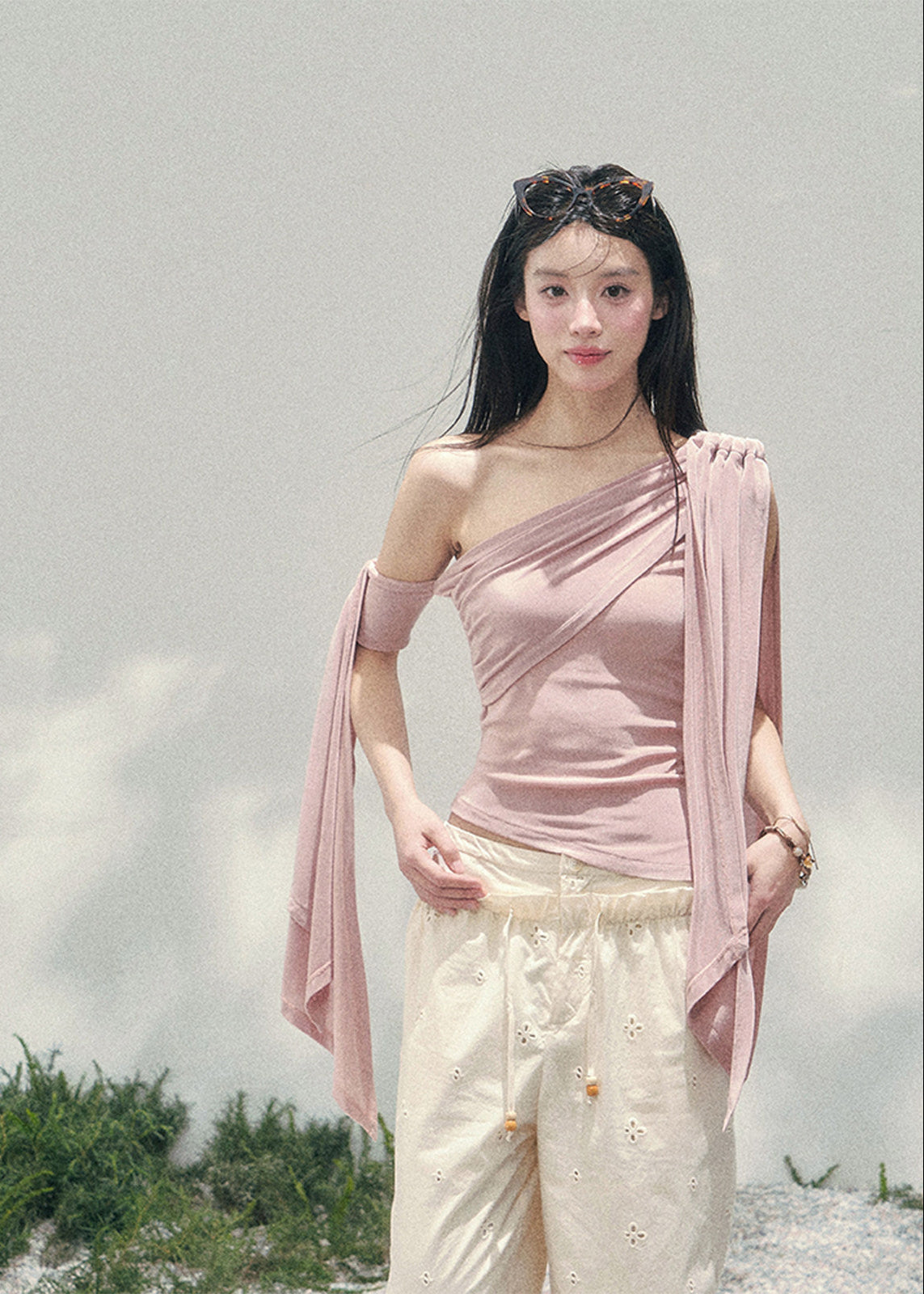 aomalm top, one shoulder top, blush pink top, asymmetric drape top, korean fashion top, feminine spring top, waist slimming top, romantic summer top, acetate blend top, draped shoulder blouse, elegant going out top, soft girl outfit top