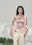 aomalm top, one shoulder top, blush pink top, asymmetric drape top, korean fashion top, feminine spring top, waist slimming top, romantic summer top, acetate blend top, draped shoulder blouse, elegant going out top, soft girl outfit top