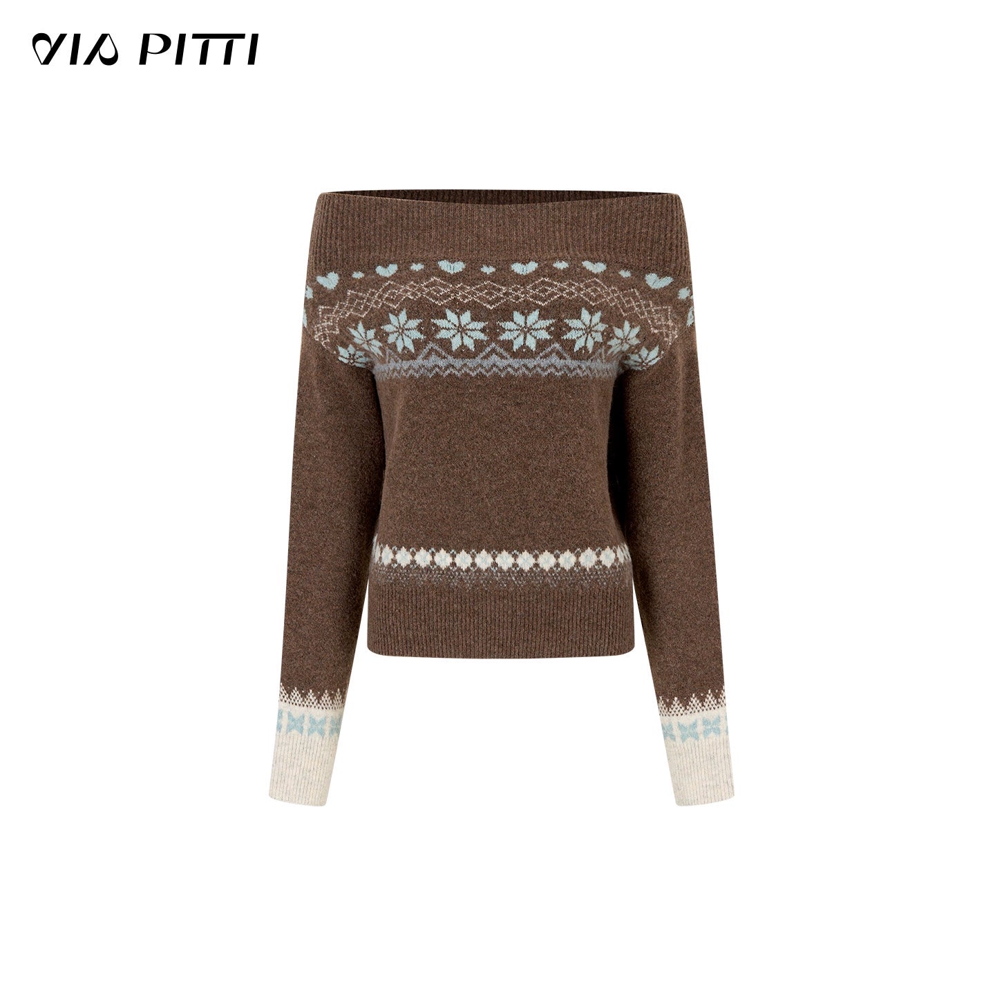 VIAPITTI off shoulder knit, fair isle sweater women, contrast wool knitwear, edgy Korean fashion, autumn winter sweater, one shoulder knit top, street style knitwear, Nordic pattern sweater, K-fashion 2025, warm wool knitted top, urban chic sweater, relaxed street knit, soft winter outfit, modern Korean streetwear