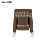 VIAPITTI off shoulder knit, fair isle sweater women, contrast wool knitwear, edgy Korean fashion, autumn winter sweater, one shoulder knit top, street style knitwear, Nordic pattern sweater, K-fashion 2025, warm wool knitted top, urban chic sweater, relaxed street knit, soft winter outfit, modern Korean streetwear