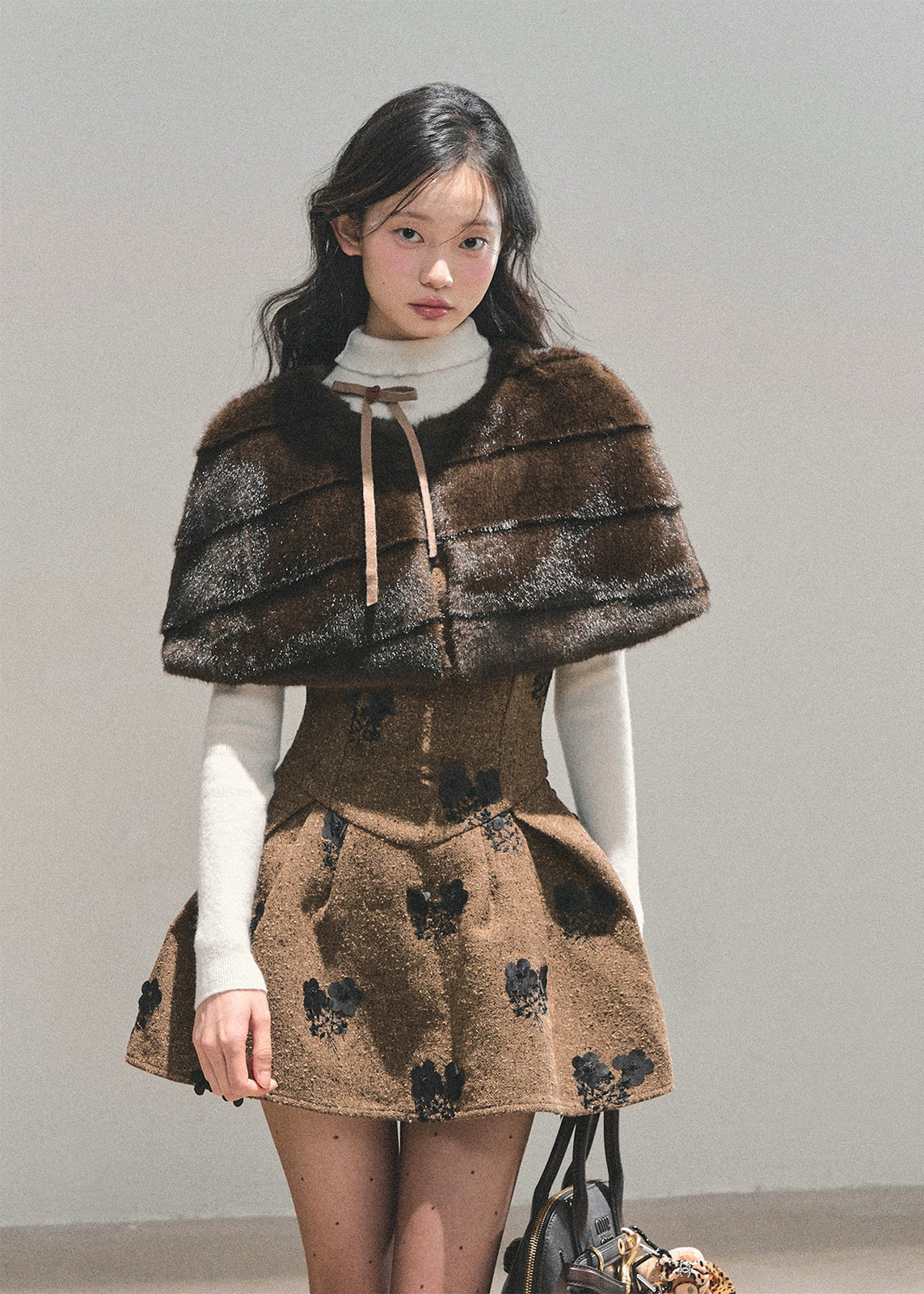 AOMALM dress, winter puffy dress, French style dress set, faux fur cape dress, embroidered winter dress, holiday outfit women, Korean fashion dress, A-line puffy skirt, winter date outfit, feminine winter dress, brown puffy dress, black puffy dress, elegant winter outfit, party dress winter women, two-piece dress set, romantic winter fashion, mohair cape dress, moss embroidery dress.