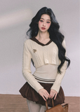 knitted sweater set, layered knit top, two-piece knit set, navy collar sweater, Korean fashion sweater, fall winter knit top, layered college style top, trendy knit outfit, Korean-American streetwear, women’s autumn knit set, chic layered sweater, cute fall outfit, preppy knit ensemble, elegant French knitwear, soft knitted long sleeve top