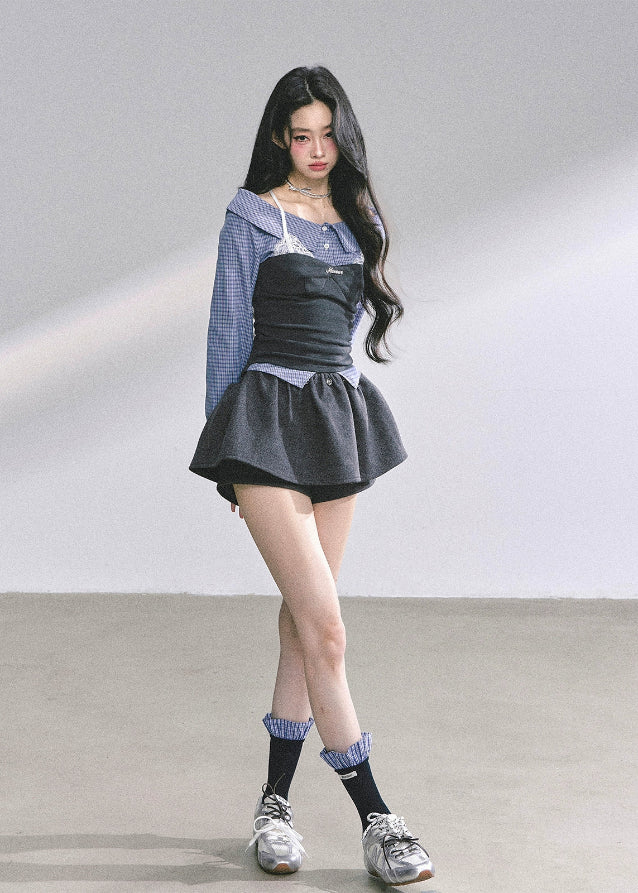 korean plaid lace top, fake two piece long sleeve shirt women, seoul preppy style top, korean fashion lace blouse, korean streetwear outfit women, hot girl korean fall top, korean university girl outfit, elegant plaid layered shirt, modern korean chic fashion, lace detail korean blouse, autumn preppy korean top, korean plaid shirt outfit, french korean style fashion, checkered long sleeve lace top, stylish korean office wear women