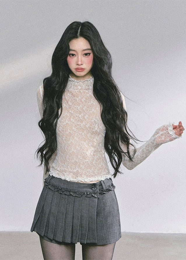 lace high neck top, sheer lace turtleneck, ballet core lace shirt, Korean lace slim top, transparent mesh long sleeve, floral lace blouse women, autumn lace base layer, elegant French lace top, sexy lace see-through shirt, ballet style long sleeve, Korean American fashion top, slim fit lace tee, feminine lace layering top, boutique lace turtleneck