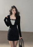 Black draped long-sleeve top and mini dress set