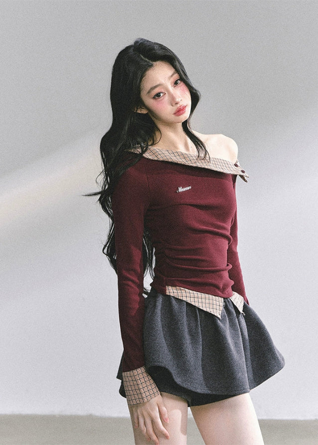 korean plaid off shoulder top, fake two piece asymmetrical shirt, korean streetwear women top, plaid accent long sleeve blouse, korean hot girl top, seoul style off shoulder outfit, korean preppy plaid top, korean fashion autumn top women, elegant french style knit top, plaid detail slim waist shirt, trendy korean outfit fall, british prep streetwear women, checkered long sleeve korean fashion, asymmetrical shoulder top, modern korean chic fashion women, korean off shoulder slim fit blouse
