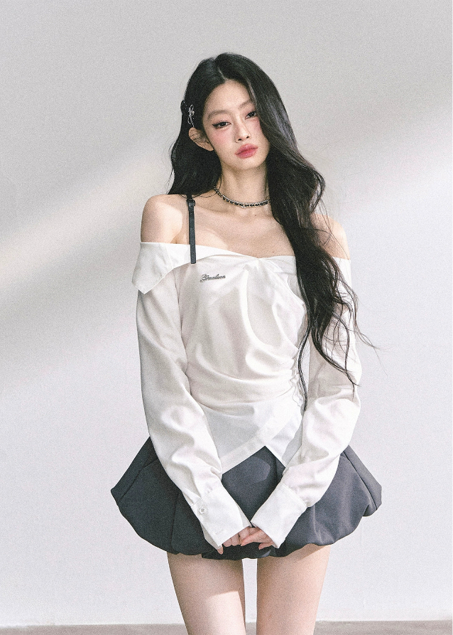 korean off shoulder long sleeve top, french drape blouse women, fake two piece asymmetrical top, korean autumn fashion top women, off shoulder plaid shirt top, elegant french style blouse, korean streetwear chic outfit, trendy korean top long sleeve, asymmetrical draped top women, hot girl fashion blouse korea, korean minimal chic outfit, seoul fashion top autumn, off shoulder slim fit shirt, korean preppy plaid shirt, london style korean top women