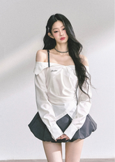 korean off shoulder long sleeve top, french drape blouse women, fake two piece asymmetrical top, korean autumn fashion top women, off shoulder plaid shirt top, elegant french style blouse, korean streetwear chic outfit, trendy korean top long sleeve, asymmetrical draped top women, hot girl fashion blouse korea, korean minimal chic outfit, seoul fashion top autumn, off shoulder slim fit shirt, korean preppy plaid shirt, london style korean top women