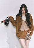 korean two piece set, plaid mini skirt outfit, suede jacket set women, seoul street fashion, preppy korean outfit, french hepburn style set, autumn matching outfit women, korean chic blazer set, trendy korean clothing 2025, seoul preppy look, brown plaid skirt, vintage academic outfit, elegant french suit, nom alm collection, modern korean style