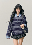 fake two top, layered polo knit, striped long sleeve top, AOMALM top, Korean fashion knit, winter striped polo, preppy layered shirt, women’s fake two sweater, soft knit pullover, autumn winter tops, Korean aesthetic outfit, American striped tee, polo collar knit, layered look sweater, casual winter knit top, streetwear Korean top, feminine preppy clothing, blue striped knit, layered illusion top