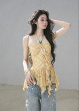 Yellow plaid ruched top with an asymmetric handkerchief hem