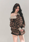 off shoulder plaid shirt, korean style plaid top, autumn winter plaid jacket, asymmetry neckline top, AOMALM plaid shirt women, street style plaid blouse, off shoulder check shirt jacket, korean fashion tops 2025, casual commuter shirt women, oversized plaid top, fall winter layering shirt, trendy checkered blouse womens, soft plaid jacket korean, chic off shoulder outerwear, brown plaid shirt jacket women