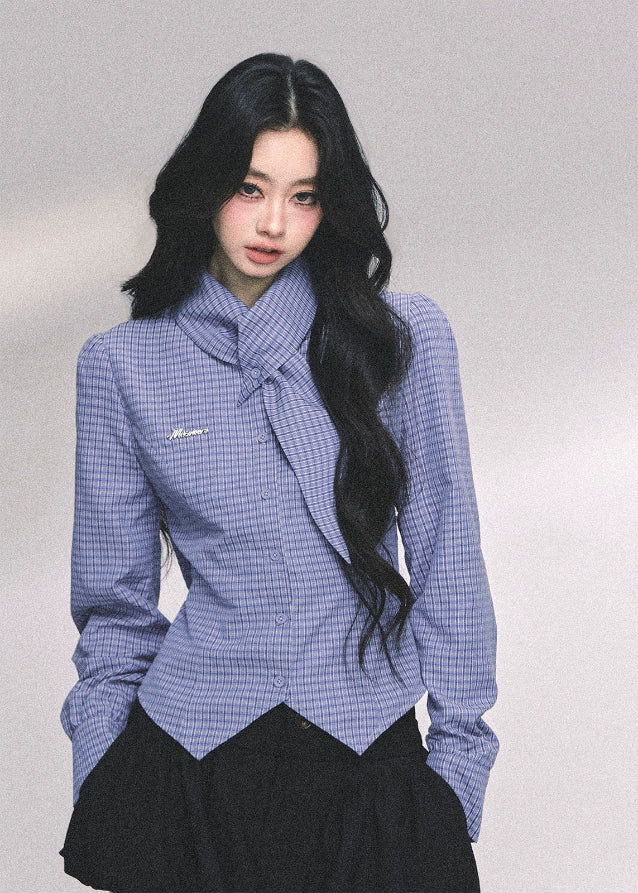klein blue plaid shirt women, slim fit check blouse, american style plaid top, autumn blue long sleeve shirt, tailored crossover shirt women, fw25 check top, refined plaid blouse, slim plaid shirt, korean fitted check shirt
