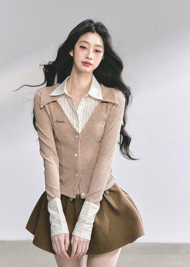 korean two tone knit top, fake two piece long sleeve top women, striped collar slim fit shirt, korean preppy fashion top, hot girl autumn outfit, seoul fashion knitwear, korean streetwear blouse, elegant korean knit top, office chic korean outfit, fall fashion women tops, french korean aesthetic outfit, preppy collar knit shirt, modern kfashion top women, slim waist knit top, korean girl fashion autumn