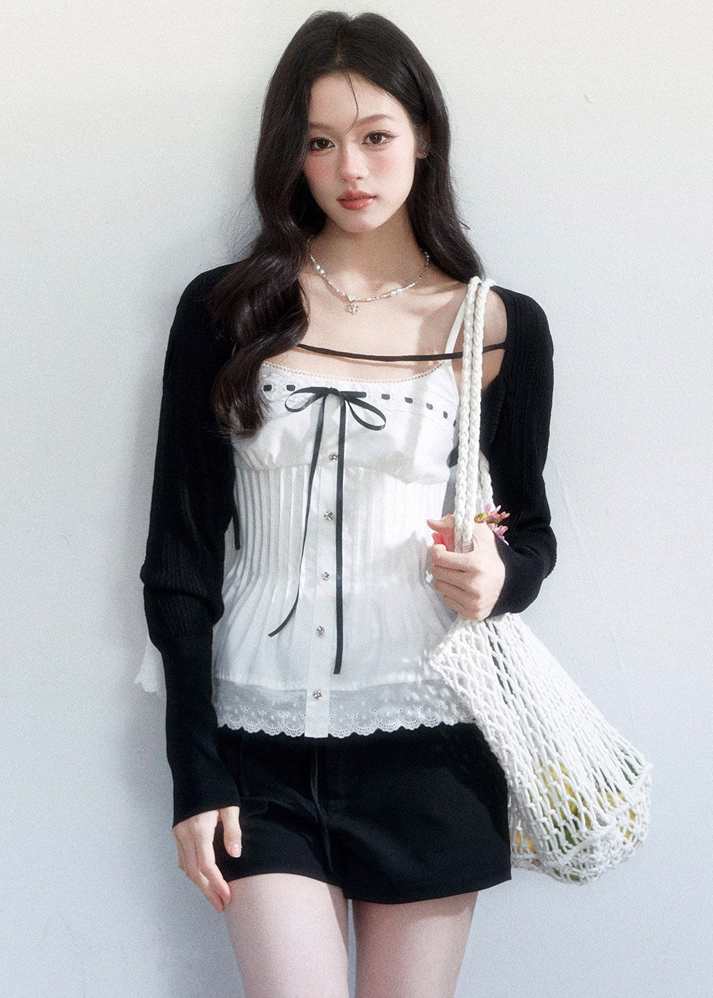 spring brunch outfit, brunch outfit ideas, two piece set women, lace camisole set, korean feminine outfit, coquette outfit, soft girl outfit, layered outfit women, black and white outfit, aesthetic fashion outfit, feminine korean fashion, casual spring outfits women, cute everyday outfit, romantic casual outfit, lightweight summer outfit, stylish two piece outfit, soft aesthetic clothing, date outfit women, trendy korean fashion, delicate feminine outfit