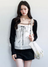 spring brunch outfit, brunch outfit ideas, two piece set women, lace camisole set, korean feminine outfit, coquette outfit, soft girl outfit, layered outfit women, black and white outfit, aesthetic fashion outfit, feminine korean fashion, casual spring outfits women, cute everyday outfit, romantic casual outfit, lightweight summer outfit, stylish two piece outfit, soft aesthetic clothing, date outfit women, trendy korean fashion, delicate feminine outfit