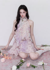 fragileheart dress, floral halterneck dress, pink floral mini dress, korean feminine dress, romantic summer dress, vintage floral dress, scarf neck mini dress, lilac floral dress, soft girl summer dress, feminine date dress, floral korean fashion, halterneck short dress