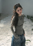 aomalm top, ruched long sleeve top, korean fashion top, slim fit spring top, shoulder cut out top, feminine korean blouse, soft stretch knit top, waist slimming top, elegant casual top, fitted grey top women, romantic spring outfit, modern korean style top
