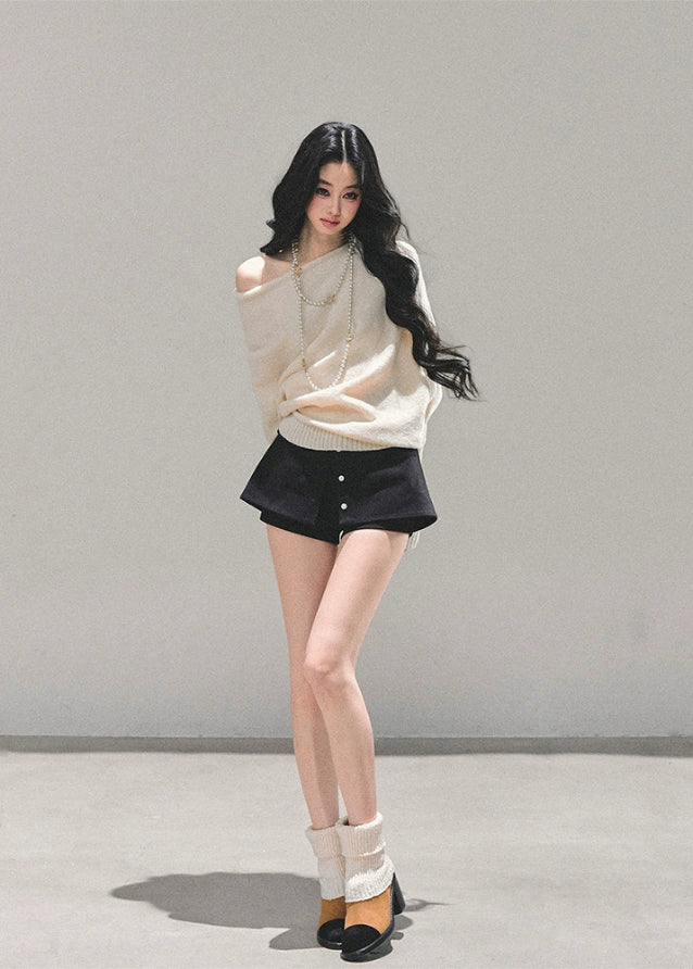 off shoulder knit sweater women, soft knit pullover, pastel slanted shoulder top, autumn oversize knit, gentle style sweater, korean soft knit top, blush knit sweater, fw25 knitwear