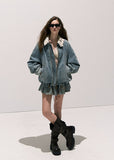 Denim Padded Jacket Set Crochet Collar & Skirt