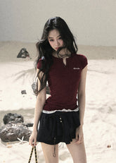 aomalm top, lace hem baby tee, faux layered t-shirt, korean feminine top, american casual top, waist cinching tee, slim summer top, letter embroidered top, lace trim t-shirt, commuter summer top, cropped fitted tee, feminine korean fashion