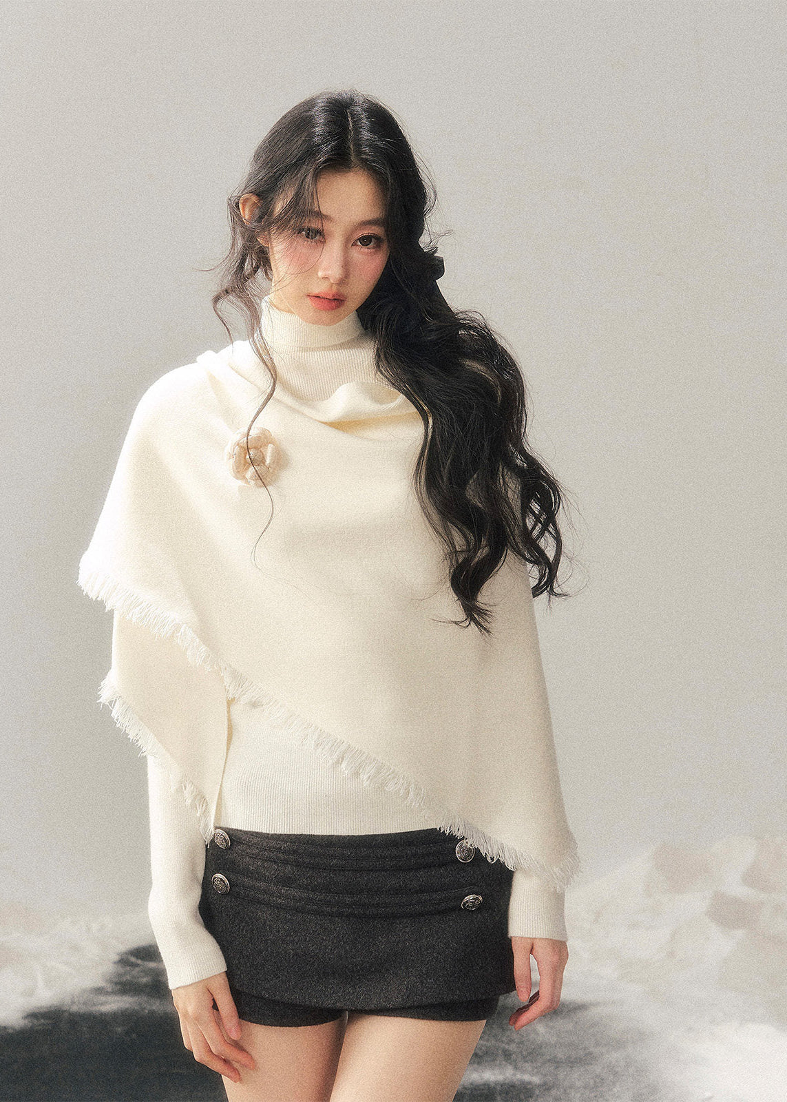 turtleneck shawl knit women, winter knit two piece set, french style knit top, korean minimal knitwear, refined women sweater set, elegant winter layering top, soft shawl sweater women, premium knit set women, feminine winter knit, aomalm knit style, understated luxury sweater, modern women knitwear, versatile winter top women, calm style knit top, minimal winter sweater set