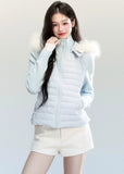 Fragileheart down jacket, fur collar puffer, luxury Korean fashion, winter short coat, quiet luxury outerwear, pastel blue jacket, hooded down coat, K-fashion 2025, elegant winter outfit, soft feminine outerwear, pastel noir aesthetic, warm winter style, sky blue puffer, modern luxury womenswear