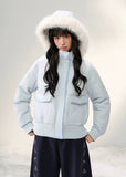 pastel down jacket, fluffy fur collar jacket, Korean girly winter coat, AW warm puffer, soft pastel outerwear, umoumo aesthetic jacket, contrast shell puffer, cozy hooded down jacket, cute winter puffer coat, feminine Korean fashion, cloud blue puffer, baby pink winter jacket, slim waist down coat, warm fluffy hood jacket, Fragileheart soft mood, girly pastel winter outfit, fluffy trim puffer, winter kawaii jacket, Korean sweet girl style