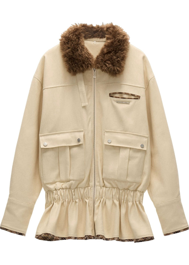 fur collar cargo jacket women, detachable fur utility coat, retro waist cargo jacket fw2025, luxury street winter jacket women, korean vintage military coat, feminine cargo jacket 2025, sculpted waist fur trim jacket, premium fall winter outerwear, nowa tokyo street luxe coat