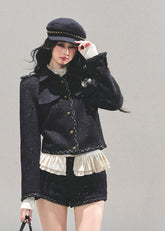 black tweed set women, winter three piece suit, rich daughter tweed outfit, noir tweed jacket and shorts, winter shorts set women, elegant tweed three piece, korean tweed fashion fw25, luxe black winter set, preppy tweed shorts suit
