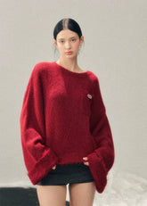 AOMALM sweater, red mohair sweater, women winter knit top, French style sweater, Korean aesthetic knit, soft feminine sweater, fluffy winter sweater, mohair pullover women, holiday red sweater, New Year knit top, cozy winter top women, elegant knitwear women, warm mohair sweater, romantic winter outfit, soft texture sweater, winter fashion women