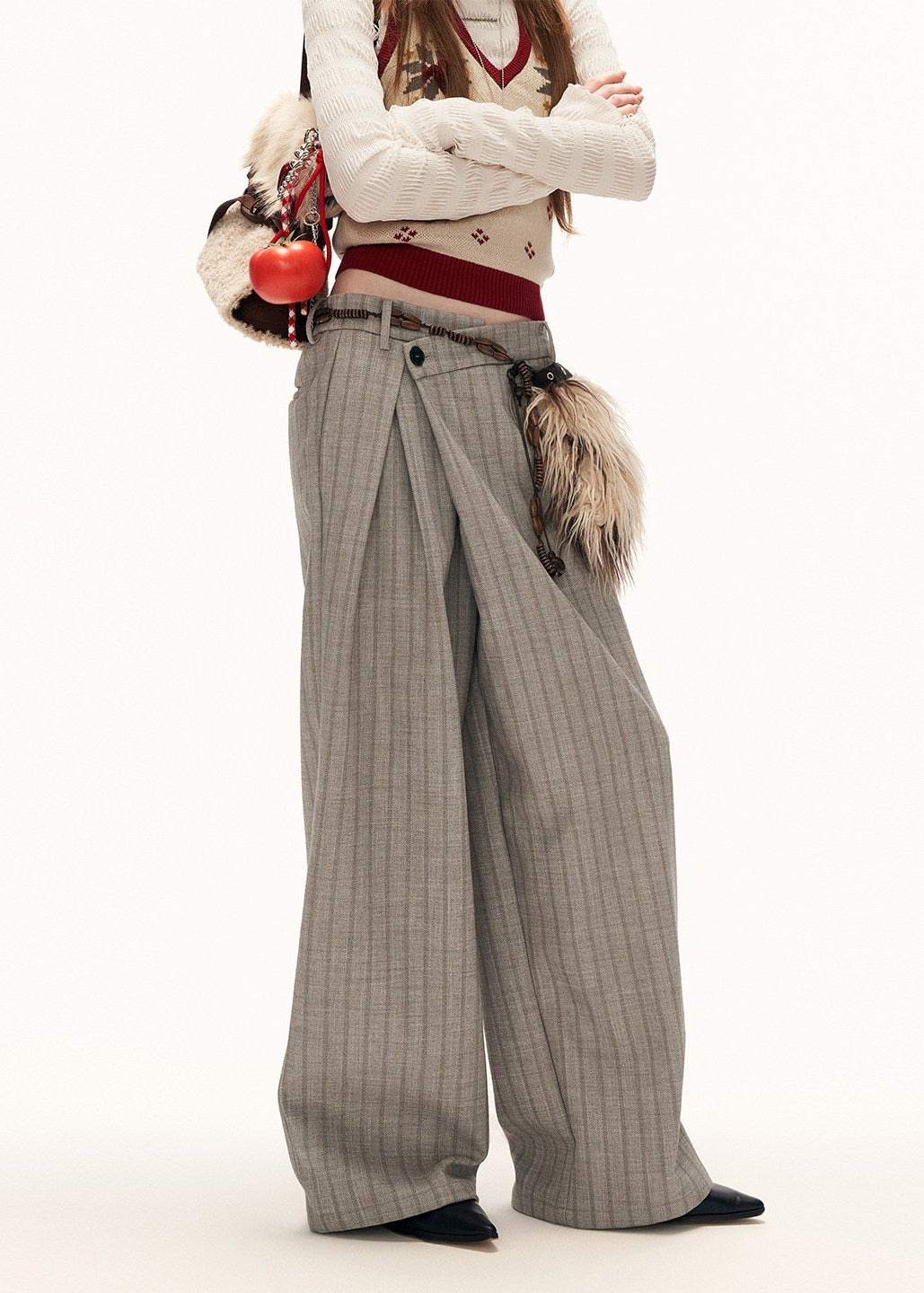striped trousers women, deconstructed pleated pants, y2k straight leg pants, loose fit gray trousers, street tailored pants women, high waist striped pants, autumn winter trousers women, modern street pants, wide leg striped pants, fashion casual trousers, trendy women pants, mamc pants style, high end street trousers, relaxed fit pleated pants, y2k fashion bottoms