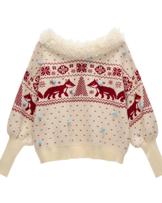 fox fair isle sweater women, v neck winter knit top, fair isle fox pattern knit, cozy lazy fit sweater women, korean winter knit fashion, fall winter 2025 sweater trend, nordic pattern fox pullover, cute warm knitwear outfit women, nowa tokyo cozy street style