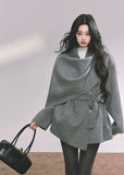 reversible wool coat women, french style wool jacket, draped shawl wool coat, winter warm woolen coat, grey wrap wool coat, loose wool jacket autumn winter, fw25 wool outerwear, double sided wool coat, elegant winter coat women