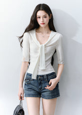 fragileheart top, white lace tie top, korean feminine top, pure desire lace top, slim lace t-shirt, tie neck top women, glass candy top, feminine korean fashion, lace summer top, soft white blouse, romantic fitted top, korean summer outfit