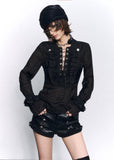 lace up top women, slim fit shirt women, sheer blouse women, grunge outfit women, edgy outfit women, street style top, punk style clothing, y2k edgy outfit, alternative fashion women, corset style top, black fitted blouse, urban streetwear women, mesh panel top, statement top women, fitted long sleeve top, rebellious fashion outfit, underground fashion women, dark aesthetic outfit, edgy streetwear women, slim gothic top