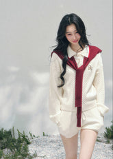 AOMALM collegiate knit set, French romantic spring twinset, Korean elegant two piece outfit, feminine sweater and shorts set, quiet luxury knit ensemble women, Parisian inspired collegiate outfit, romantic Korean French aesthetic clothing, soft feminine spring knitwear, refined casual luxury womenswear, elegant lightweight knit set women, romantic preppy style outfit, feminine Korean fashion twinset, spring luxury knit outfit, delicate layered sweater set, soft luxury womenswear ensemble