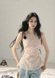 Romantic sheer woven strap top in soft pink