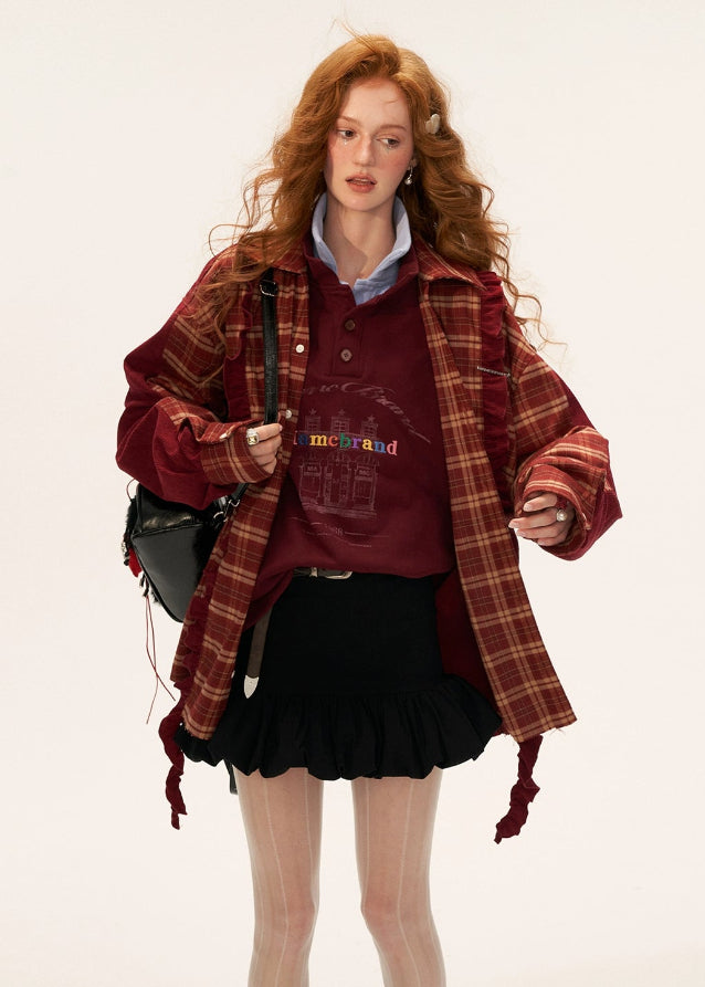 vintage patchwork plaid sweatshirt, retro plaid shirt women, sweatshirt shirt hybrid top, fall 2025 loose casual top, korean street casual shirt, patchwork long sleeve pullover women, autumn vintage plaid outfit, relaxed streetwear top women, nowa tokyo retro street fashion