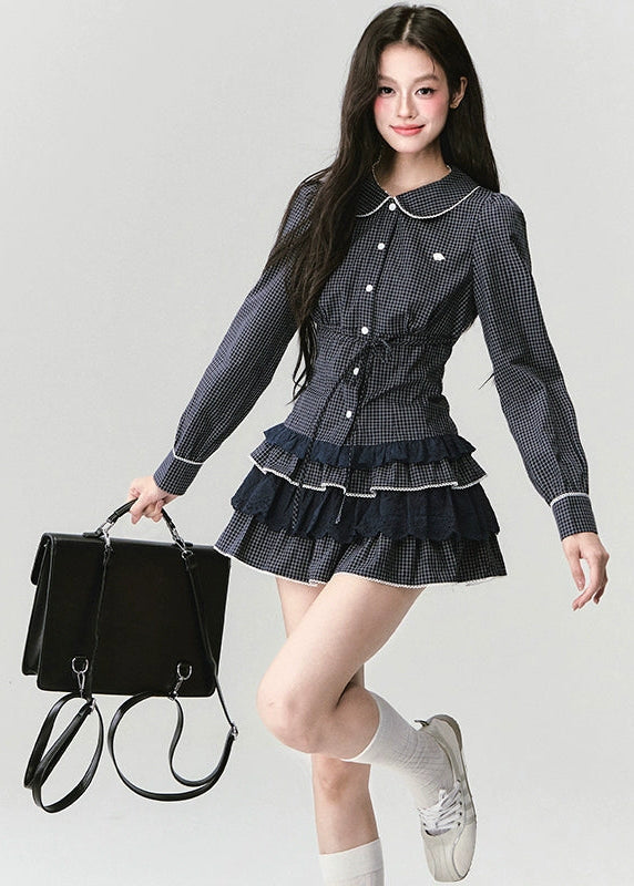 Fragileheart lace set, gingham blouse skirt, luxury Korean fashion, elegant two-piece outfit, soft preppy K-fashion, 2025 fall collection, quiet luxury style, pastel noir aesthetic, romantic layered skirt, modern feminine fashion, luxury womenswear, Korean academic outfit, chic lace two-piece dress, graceful preppy look, soft vintage fashion