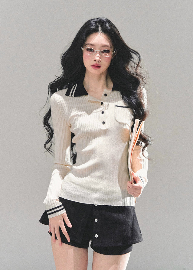 polo knit top women, ribbed long sleeve polo, slim fit knitted t-shirt, autumn winter polo top, american style knit tee, contrast collar knit top, wendy letter knit, fw25 ribbed top, preppy polo shirt women, korean slim knitwear