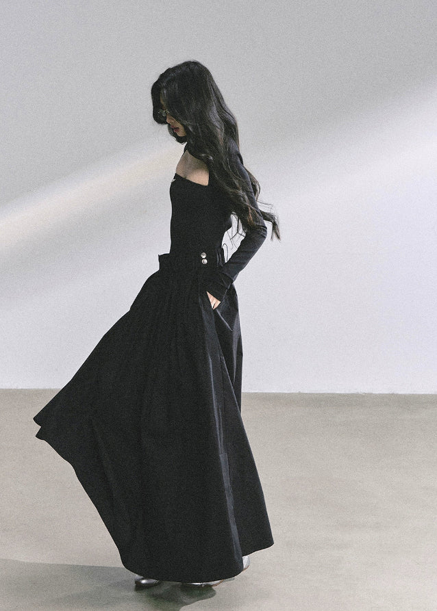 korean long dress, french hepburn maxi dress, korean fashion long sleeve dress, elegant black gown, autumn maxi dress women, waist slimming long skirt, seoul style formal dress, korean elegant outfit 2025, black hepburn style dress, feminine long sleeve maxi, korean boutique dress, chic minimalist maxi, classy black evening dress, elegant korean clothing, nom alm dress