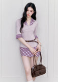 fragileheart set, purple plaid two piece set, korean academy outfit, plaid shirt skirt set, feminine korean fashion, campus style set, slim shirt top, plaid mini skirt set, soft girl outfit, korean preppy set, lavender plaid set, romantic collegiate outfit