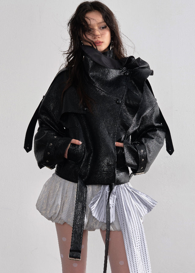 JNYLON faux leather jacket women, Korean stylish leather outerwear, stand collar PU jacket Korean fashion, edgy ruffle leather jacket women, modern Korean street chic jacket, oversized faux leather biker jacket women, trendy Korean fashion outerwear, playful structured leather jacket, chic Korean style faux leather coat, statement urban fashion jacket women