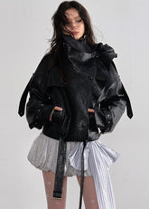 JNYLON faux leather jacket women, Korean stylish leather outerwear, stand collar PU jacket Korean fashion, edgy ruffle leather jacket women, modern Korean street chic jacket, oversized faux leather biker jacket women, trendy Korean fashion outerwear, playful structured leather jacket, chic Korean style faux leather coat, statement urban fashion jacket women